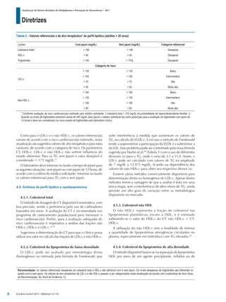 Diretrizes
Atualização da Diretriz Brasileira de Dislipidemias e Prevenção da Aterosclerose – 2017
Arq Bras Cardiol 2017; 109(2Supl.1):1-76
Como para o LDL-c e o não HDL-c, os valores referenciais
variam de acordo com o risco cardiovascular estimado, nesta
atualização são sugeridos valores de alvo terapêutico para estas
variáveis, de acordo com a categoria de risco. Os parâmetros
CT, HDL-c, LDL-c e não HDL-c não sofrem influência do
estado alimentar. Para os TG sem jejum o valor desejável é
considerado < 175 mg/dL.31
O laboratório deve informar no laudo o tempo de jejum para
as seguintes situações: sem jejum ou com jejum de 12 horas, de
acordo com o critério do médico solicitante. Informar no laudo
os valores referenciais para TG com e sem jejum.
4.5. Análises do perfil lipídico e apolipoproteínas
4.5.1. Colesterol total
O método de dosagem do CT disponível é enzimático, com
boa precisão, sendo a preferência pelo uso de calibradores
baseados em soros. A avaliação do CT é recomendada nos
programas de rastreamento populacional para mensurar o
risco cardiovascular. Porém, para a avaliação adequada do
risco cardiovascular é imperativa a análise das frações não
HDL-c, HDL-c e LDL-c.24,25
Sugerimos a determinação do CT para que o clínico possa
utilizar seu valor no cálculo das frações de LDL-c e não HDL-c.
4.5.2. Colesterol da lipoproteína de baixa densidade
O LDL-c pode ser avaliado por metodologia direta
(homogênea) ou estimada pela fórmula de Friedewald, que
sofre interferência à medida que aumentam os valores de
TG, no cálculo da VLDL-c. Com isso o método de Friedewald
tende a superestimar a participação da VLDL e a subestimar a
da LDL. Esse problema pode ser contornado pela nova fórmula
sugerida por Martin et al.38
(Tabela 1) com o uso de diferentes
divisores (x) para o TG, onde x varia de 3,1 a 11,9. Assim, o
LDL-c pode ser calculado com valores de TG na amplitude
de 7 mg/dL a 13.975 mg/dL, ficando na dependência dos
valores do não HDL-c para obter seu respectivo divisor (x).
Existem vários métodos comercialmente disponíveis para
determinação direta ou homogênea do LDL-c. Apesar destes
métodos terem a vantagem de que a análise é feita em uma
única etapa, sem a interferência de altos níveis de TG, ainda
persiste um alto grau de variação entre as metodologias
disponíveis no mercado.
4.5.3. Colesterol não HDL
O não HDL-c representa a fração do colesterol nas
lipoproteínas plasmáticas, exceto a HDL, e é estimado
subtraindo-se o valor do HDL-c do CT: não HDL-c = CT-
HDL-c.
A utilização do não HDL-c tem a finalidade de estimar
a quantidade de lipoproteínas aterogênicas circulantes no
plasma, especialmente em indivíduos com TG elevados.39
4.5.4. Colesterol da lipoproteína de alta densidade
O método disponível baseia-se na separação da lipoproteína
HDL por meio de um agente precipitante, inibidor ou de
Tabela 2 – Valores referenciais e de alvo terapêutico* do perfil lipídico (adultos > 20 anos)
Lípides Com jejum (mg/dL) Sem jejum (mg/dL) Categoria referencial
Colesterol total† < 190 < 190 Desejável
HDL-c > 40 > 40 Desejável
Triglicérides < 150 < 175‡ Desejável
Categoria de risco
LDL-c
< 130 < 130 Baixo
< 100 < 100 Intermediário
< 70 < 70 Alto
< 50 < 50 Muito alto
Não HDL-c
< 160 < 160 Baixo
< 130 < 130 Intermediário
< 100 < 100 Alto
< 80 < 80 Muito alto
* Conforme avaliação de risco cardiovascular estimado pelo médico solicitante; † colesterol total > 310 mg/dL há probabilidade de hipercolesterolemia familiar; ‡
Quando os níveis de triglicérides estiverem acima de 440 mg/dL (sem jejum) o médico solicitante faz outra prescrição para a avaliação de triglicérides com jejum de
12 horas e deve ser considerado um novo exame de triglicérides pelo laboratório clínico.
Recomendação: os valores referenciais desejáveis de colesterol total e HDL-c são idênticos com e sem jejum. Os níveis desejáveis de triglicérides são diferentes no
estado com e sem jejum. Os valores de alvo terapêutico de LDL-c e não HDL-c passam a ser categorizados nesta atualização de acordo com a estimativa de risco (Grau
de Recomendação: IIa; Nível de Evidência: C).
8
 