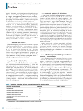 Diretrizes
Atualização da Diretriz Brasileira de Dislipidemias e Prevenção da Aterosclerose – 2017
Arq Bras Cardiol 2017; 109(2Supl.1):1-76
primária moderada, recomendam-se aproximadamente 25 a
35% das calorias na forma de gorduras e controle da ingestão
de açúcares. Já na hipertrigliceridemia de causa secundária,
observada na obesidade e no diabetes, mantêm-se o controle
de gorduras (30 a 35% das calorias) e a adequação no consumo
de carboidratos, com ênfase na restrição de açúcares.144
Atualmente, as recentes diretrizes e guias internacionais
apontam para os benefícios de padrões alimentares
saudáveis, como demonstrado nos estudos INTERHEART109
e em diversos estudos que testaram a eficiência da Dieta
do Mediterrâneo,122,146
nos quais a matriz alimentar assume
papel de destaque. Em comum, todos estes estudos reafirmam
a relevância de se manterem quantidades moderadas de
gordura na dieta, eliminar ácidos graxos trans, controlar
o consumo de saturados, priorizar poli-insaturados e
monoinsaturados, reduzir açúcares e incluir carnes magras,
frutas, grãos e hortaliças na dieta146
(Quadro 6).
7.2.2. Controle de peso corporal
O alcance das metas nutricionais no tratamento é variável
e depende da adesão à dieta e às correções no estilo de
vida, como perda de peso, e pode resultar na redução
de 20% da concentração plasmática de TG.147
Além do
controle de calorias na dieta (défice de 500 a 1.000 Kcal),148
enfatiza-se a relevância da qualidade dos nutrientes em
aspectos relacionados ao desenvolvimento da obesidade,
como saciedade, resposta insulínica, lipogênese hepática,
adipogênese, gasto energético e microbiota.148
7.2.3. Redução de bebida alcoólica
O consumo de bebida alcoólica não é recomendado
para indivíduos com hipertrigliceridemia.149
Porém, há
alguma divergência no impacto da ingestão de etanol nos
triacilgliceróis (TAG) em situações de consumo moderado
(até 30 g/dia). A combinação de um consumo excessivo de
etanol e ácidos graxos saturados potencializa a elevação da
trigliceridemia. A inibição da lipase das lipoproteínas pelo
excesso de etanol e a consequente redução na hidrólise
de quilomícrons parecem justificar a lipemia induzida pelo
etanol. Além disso, o produto da metabolização do álcool
é a Acetilcoenzima A (acetil-CoA), principal precursora da
síntese de ácidos graxos.
7.2.4. Redução de açúcares e de carboidratos
A Organização Mundial da Saúde passou a recomendar, a
partir de 2015, o consumo máximo de 5% em Kcal do valor
energético da dieta na forma de açucares de adição,143
nos
quais se incluem a sacarose e o xarope de milho (American
Heart Association − AHA). O guia alimentar americano
publicado naquele ano incluiu ainda como açúcares de adição
os sucos de frutas concentrados, mesmo que não adoçados.136
Tanto a sacarose quanto os xaropes são constituídos por
aproximadamente partes iguais de frutose e glicose, os quais
são metabolizados de forma diferente. Enquanto existe um
mecanismo celular de feedback de regulação da glicose
mediado pela fosfofrutoquinase, para a produção de piruvato
e consequentemente de acetil-CoA e ácidos graxos, o mesmo
mecanismo não ocorre para metabolização da frutose, que é
metabolizada pela frutoquinase. Desta forma, a frutose gera
ácidos graxos mais rapidamente do que a glicose, aumentando
tanto o depósito de gordura hepática, como o aumento da
produção de VLDL.150
Estudos mostram que o consumo superior a 50 g de frutose
ao dia eleva o TG pós-prandial.151
A elevada ingestão de
carboidratos aumenta a glicemia, o que promove o aumento
da insulinemia; esta, por sua vez, ativa os fatores de transcrição
que promovem a síntese de ácidos graxos e TG, favorecendo
outros fatores de risco.152
7.2.5. Substituição parcial de ácidos graxos saturados
por mono e poli-insaturados
Os ácidos graxos saturados da dieta relacionam-se com
a elevação da trigliceridemia, por aumentarem a lipogênese
hepática e a secreção de VLDL. Desta forma, recomenda-se a
inclusão de poli e monoinsturados.153
Para indivíduos com níveis
de TG muito altos, a AHA recomenda uma redução significativa
em gordura saturada, o que diminui o risco de pancreatite.143
Dentre os ácidos graxos poli-insaturados, os da série ômega
3 são reconhecidos pela atividade cardioprotetora.154
O
consumo de ômega 3 proveniente de fontes animais fornece
os ácidos graxos EPA e DHA, mais associados à proteção
cardiovascular. O ácido Alfalinolenico (ALA) produz pequenas
quantidades endógenas de EPA e DHA, e também exerce ação
cardioprotetora.155
As diferentes fontes de ômega 3, por meio
da diminuição da lipogênese hepática e da LPL, contribuem
de forma significativa com a redução de triglicerídeos.156
Quadro 6 – Impacto da modificação de hábitos alimentares e estilo de vida na trigliceridemia
Intervenção não medicamentosa Magnitude Nível de Evidência
Redução de peso +++ A
Redução da ingestão de bebidas alcoólicas +++ A
Redução de ingestão de açúcares simples +++ A
Redução da ingestão de carboidratos ++ A
Substituição (parcial) ácidos graxos saturados por mono
e poli-insaturados
++ B
Aumento da atividade física ++ A
Fonte: Adaptado de V Diretriz Brasileira de Dislipidemias e Prevenção da Aterosclerose.25
20
 