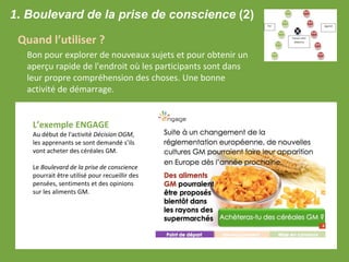 Quand l’utiliser ?
• Bon pour explorer de nouveaux sujets et pour obtenir un
aperçu rapide de l'endroit où les participants sont dans
leur propre compréhension des choses. Une bonne
activité de démarrage.
L’exemple ENGAGE
Au début de l'activité Décision OGM,
les apprenants se sont demandé s’ils
vont acheter des céréales GM.
Le Boulevard de la prise de conscience
pourrait être utilisé pour recueillir des
pensées, sentiments et des opinions
sur les aliments GM.
1. Boulevard de la prise de conscience (2)
 