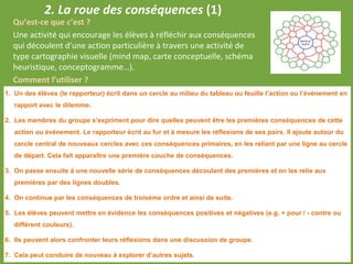 2. La roue des conséquences (1)
1. Un des élèves (le rapporteur) écrit dans un cercle au milieu du tableau ou feuille l’action ou l’événement en
rapport avec le dilemme.
2. Les membres du groupe s’expriment pour dire quelles peuvent être les premières conséquences de cette
action ou événement. Le rapporteur écrit au fur et à mesure les réflexions de ses pairs. Il ajoute autour du
cercle central de nouveaux cercles avec ces conséquences primaires, en les reliant par une ligne au cercle
de départ. Cela fait apparaître une première couche de conséquences.
3. On passe ensuite à une nouvelle série de conséquences découlant des premières et on les relie aux
premières par des lignes doubles.
4. On continue par les conséquences de troisème ordre et ainsi de suite.
5. Les élèves peuvent mettre en évidence les conséquences positives et négatives (e.g. + pour / - contre ou
différent couleurs).
6. Ils peuvent alors confronter leurs réflexions dans une discussion de groupe.
7. Cela peut conduire de nouveau à explorer d’autres sujets.
Qu’est-ce que c’est ?
Une activité qui encourage les élèves à réfléchir aux conséquences
qui découlent d'une action particulière à travers une activité de
type cartographie visuelle (mind map, carte conceptuelle, schéma
heuristique, conceptogramme…).
Comment l’utiliser ?
 