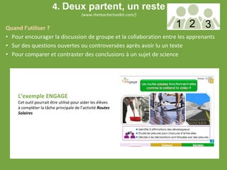 Quand l’utiliser ?
• Pour encourager la discussion de groupe et la collaboration entre les apprenants
• Sur des questions ouvertes ou controversées après avoir lu un texte
• Pour comparer et contraster des conclusions à un sujet de science
L’exemple ENGAGE
Cet outil pourrait être utilisé pour aider les élèves
à compléter la tâche principale de l’activité Routes
Solaires
4. Deux partent, un reste
(www.theteachertoolkit.com/)
1 2 3
 