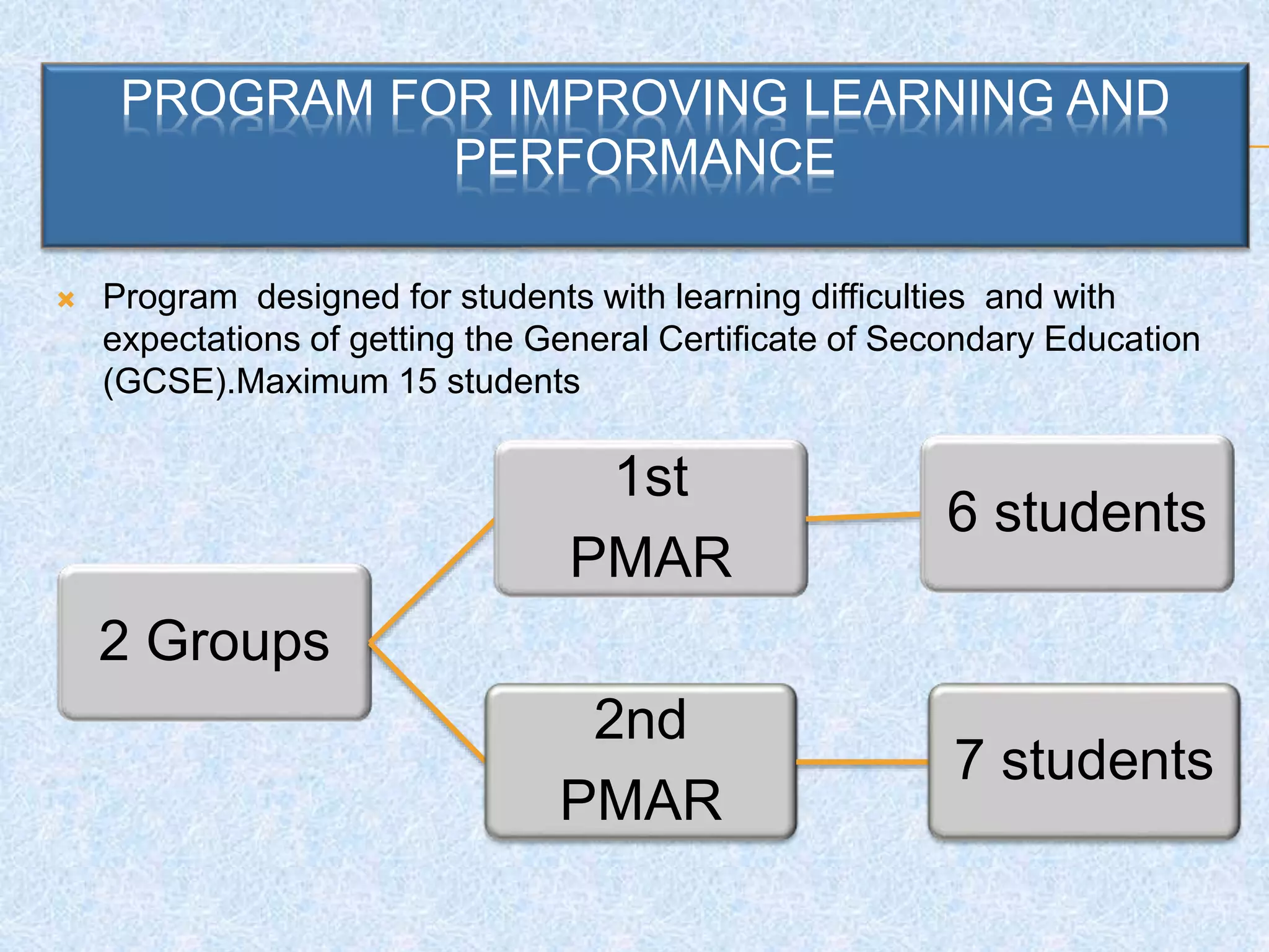 PROGRAM FOR IMPROVING LEARNING AND
PERFORMANCE
 Program designed for students with learning difficulties and with
expectations of getting the General Certificate of Secondary Education
(GCSE).Maximum 15 students
2 Groups
1st
PMAR
6 students
2nd
PMAR
7 students
 