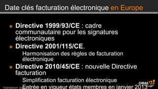 Date clés facturation électronique en Europe

             Directive 1999/93/CE : cadre
              communautaire pour les signatures
              électroniques
             Directive 2001/115/CE.
                 • Harmonisation des règles de facturation
                   électronique
             Directive 2010/45/CE : nouvelle Directive
              facturation
                 • Simplification facturation électronique
                 • Entrée en vigueur états membres en janvier 2013
Cimail Solutions ® www.cimail.fr
 