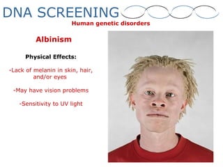 Albinism
Physical Effects:
-Lack of melanin in skin, hair,
and/or eyes
-May have vision problems
-Sensitivity to UV light
Human genetic disorders
DNA SCREENING
 