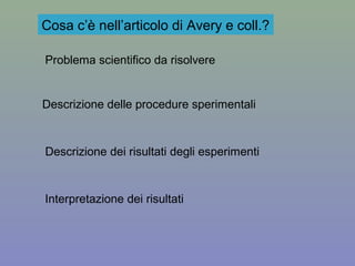 Cosa c’è nell’articolo di Avery e coll.?
Problema scientifico da risolvere
Descrizione delle procedure sperimentali
Descrizione dei risultati degli esperimenti
Interpretazione dei risultati
 