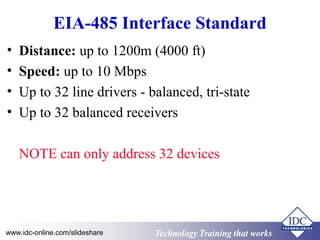 Technology Training that WorksTechnology Training that Workswww.idc-online.com/slideshare
EIA-485 Interface Standard
• Distance: up to 1200m (4000 ft)
• Speed: up to 10 Mbps
• Up to 32 line drivers - balanced, tri-state
• Up to 32 balanced receivers
NOTE can only address 32 devices
 