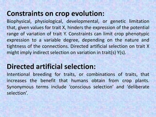 Constraints on crop evolution:
Biophysical, physiological, developmental, or genetic limitation
that, given values for trait X, hinders the expression of the potential
range of variation of trait Y. Constraints can limit crop phenotypic
expression to a variable degree, depending on the nature and
tightness of the connections. Directed artificial selection on trait X
might imply indirect selection on variation in trait(s) Y(s).
Directed artificial selection:
Intentional breeding for traits, or combinations of traits, that
increases the benefit that humans obtain from crop plants.
Synonymous terms include ‘conscious selection’ and ‘deliberate
selection’.
 