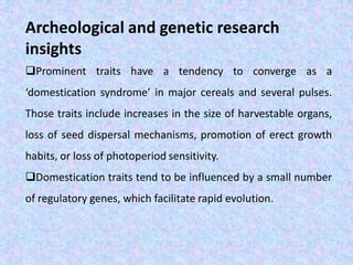 Archeological and genetic research
insights
Prominent traits have a tendency to converge as a
‘domestication syndrome’ in major cereals and several pulses.
Those traits include increases in the size of harvestable organs,
loss of seed dispersal mechanisms, promotion of erect growth
habits, or loss of photoperiod sensitivity.
Domestication traits tend to be influenced by a small number
of regulatory genes, which facilitate rapid evolution.
 