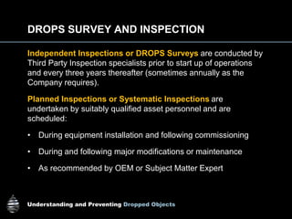 Understanding and Preventing Dropped Objects
DROPS SURVEY AND INSPECTION
Independent Inspections or DROPS Surveys are conducted by
Third Party Inspection specialists prior to start up of operations
and every three years thereafter (sometimes annually as the
Company requires).
Planned Inspections or Systematic Inspections are
undertaken by suitably qualified asset personnel and are
scheduled:
• During equipment installation and following commissioning
• During and following major modifications or maintenance
• As recommended by OEM or Subject Matter Expert
 