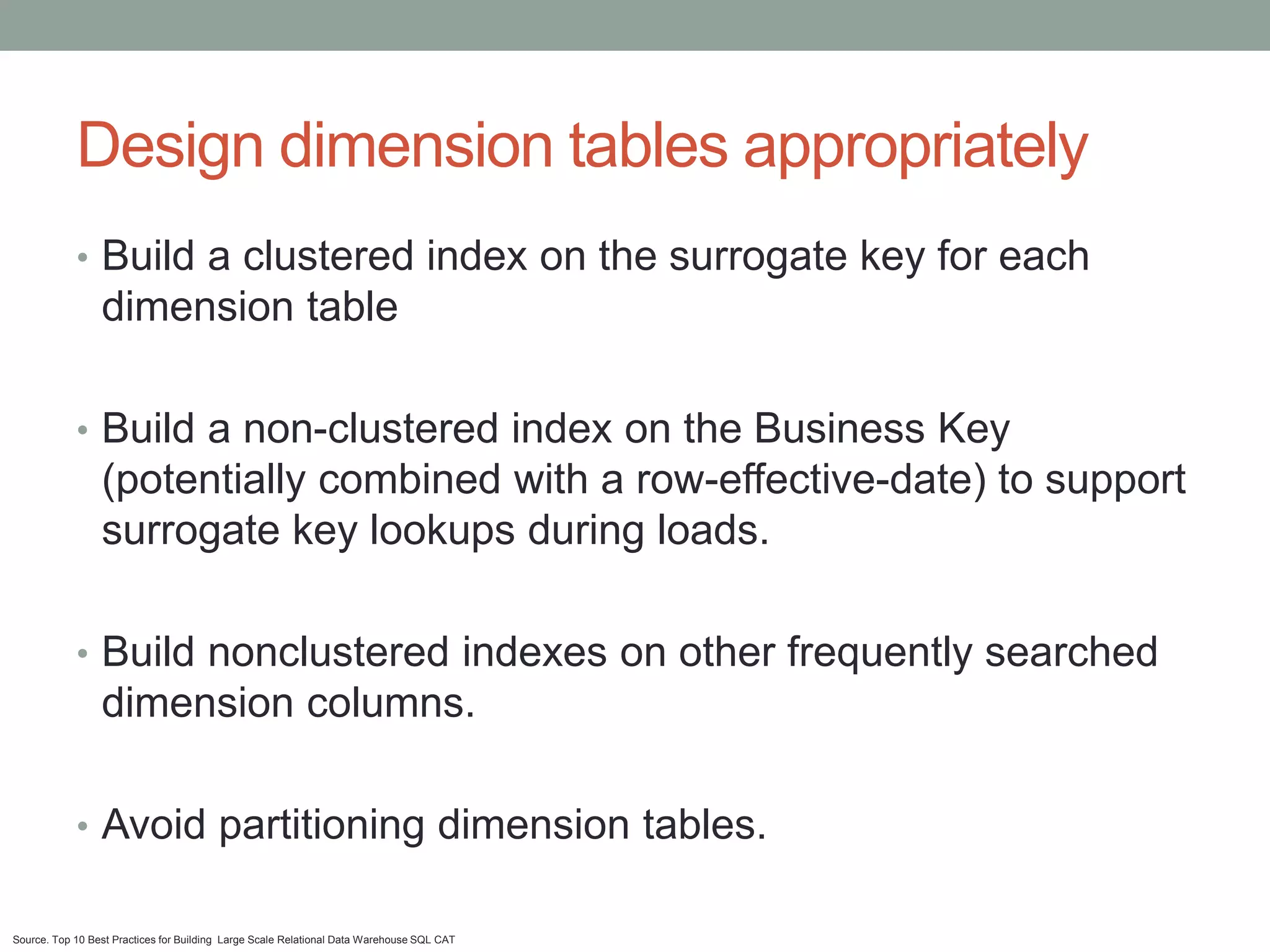 Design dimension tables appropriately
            • Build a clustered index on the surrogate key for each
                 dimension table

            • Build a non-clustered index on the Business Key
                 (potentially combined with a row-effective-date) to support
                 surrogate key lookups during loads.

            • Build nonclustered indexes on other frequently searched
                 dimension columns.

            • Avoid partitioning dimension tables.

Source. Top 10 Best Practices for Building Large Scale Relational Data Warehouse SQL CAT
 