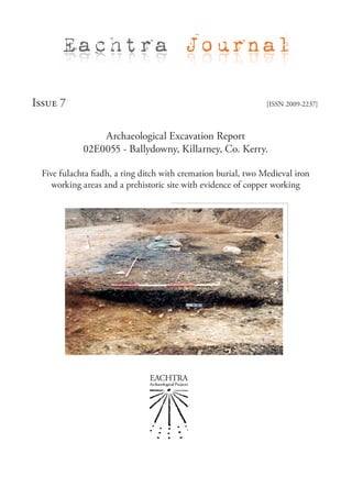 Eachtra Journal

Issue 7                                                        [ISSN 2009-2237]



                Archaeological Excavation Report
            02E0055 - Ballydowny, Killarney, Co. Kerry.

 Five fulachta fiadh, a ring ditch with cremation burial, two Medieval iron
    working areas and a prehistoric site with evidence of copper working
 