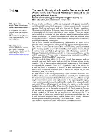 118
P 020
Milisavljevic Mira
Group LPMB from IMGGE*
Group East Malling Research**
*Group LPMB from IMGGE
Vojvode Stepe 444a, Belgrade,
Serbia
**Group East Malling Research
New Road, East Malling, Kent
ME19 6BJ, UK
Mira Milisavljevic
Institute of Molecular Genetics
and Genetic Engineering,
Vojvode Stepe 444a, PO. box. 23,
11 010 Belgrade, Serbia
milisavljevicm@imgge.bg.ac.yu
The genetic diversity of wild species Prunus tenella and
Prunus webbii in Serbia and Montenegro, assessed by the
polymorphism of S-locus
Session: Understanding, preserving and using plant diversity II:
Plant adaptation, domestication and conservation
Pru Prunus tenella and Prunus webbii are endangered wild species, potentially
useful in plant breeding. Both species are resistant to economically important
patogen Taphrina deformans and also tolerant to draught conditions.
Molecular methods allow designing a sampling strategy that provides good
representation of the genetic diversity of plants studied. Those species are
native to Balkan peninsula, but little is known about the extent of variability
in their populations. The genetic diversity of these plants was screened using
highly polymorphic S locus which exerts one of the highest levels of allelic
polymorphism known for any gene.
The S-locus controls self-incompatibility phenomenon in plants which
prevents fertile hermaphrodite plants producing zygotes after self-pollination.
The S-locus is considered to contain two complementary genetically linked
parts, encoding a stylar-specific product and a pollen-specific product. Stylar
S-proteins were identified as glycoproteins with ribonuclease activity (S-
RNases). We studied self-(in)compatibility in 18 accessions of Prunus tenella
and 10 accessions of Prunus webbii by characterising stylar-expressed RNase
alleles using IEF, PCR and DNA sequencing,
Nine P. tenella S-RNase alleles (S1–S9) were cloned; their sequence analysis
showed very high Ka/Ks ratios and revealed that S-RNase alleles, unlike
those of P. dulcis, show positive selection in all regions except the conserved
regions and that between C2 and RHV. Remarkably, one of the alleles, S8-
RNase was found to be identical to that of S1-RNase allele from P. avium, a
species which does not interbreed with P. tenella and, except for just one
amino acid, to S11 of P. dulcis.
BLAST analysis of the six sequences of P. webbii confirmed those as a new
S-RNase alleles. Also, one of sequenced alleles, named S9, was found to code
for an amino acid sequence identical to that for P. dulcis S14-RNase, except
single conservative amino acid replacement in the signal peptide region,
while another, named S3 , was showed to differ only by three residues from P.
salicina Se-RNase. Allele named S7 was found to be inactive by stylar protein
isoelectric focusing followed by RNase specific staining, but the reason for
the inactivity was not at the coding sequence level. Furthermore, in five out
of ten analyzed accessions we detected the presence of one active basic
RNase (marked as PW1) that did not amplify with S-RNase specific DNA
primers. Two of them were amplified with primers designed from the PA1
RNase nucleotide sequence (basic «non-S RNase» of P. avium). Obtained
PW1 sequence showed high homology (80%) with the PA1 allele.
The evolutive implications of the obtained data should be discussed.
 