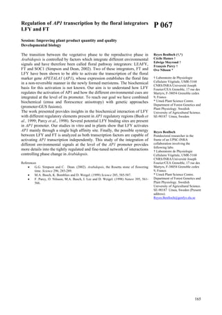 165
Regulation of AP1 transcription by the floral integrators
LFY and FT
Session: Improving plant product quantity and quality
Developmental biology
The transition between the vegetative phase to the reproductive phase in
Arabidopsis is controlled by factors which integrate different environmental
signals and have therefore been called floral pathway integrators: LEAFY,
FT and SOC1 (Simpson and Dean, 2002). Two of these integrators, FT and
LFY have been shown to be able to activate the transcription of the floral
marker gene APETALA1 (AP1), whose expression establishes the floral fate
in a non-reversible manner in the newly formed meristems. The biochemical
basis for this activation is not known. Our aim is to understand how LFY
regulates the activation of AP1 and how the different environmental cues are
integrated at the level of its promoter. To reach our goal we have combined
biochemical (emsa and florescence anisotropy) with genetic approaches
(promoter-GUS fusions).
The work presented provides insights in the biochemical interaction of LFY
with different regulatory elements present in AP1 regulatory regions (Bush et
al., 1999; Parcy et al., 1998). Several potential LFY binding sites are present
in AP1 promoter. Our studies in vitro and in plants show that LFY activates
AP1 mainly through a single high affinity site. Finally, the possible synergy
between LFY and FT is analyzed as both transcription factors are capable of
activating AP1 transcription independently. This study of the integration of
different environmental signals at the level of the AP1 promoter provides
more details into the tightly regulated and fine-tuned network of interactions
controlling phase change in Arabidopsis.
References
• G.G. Simpson and C. Dean. (2002). Arabidopsis, the Rosetta stone of flowering
time. Science 296, 285-289.
• M.A. Busch, K. Bomblies and D. Weigel. (1999) Science 285, 585-587.
• F. Parcy, O. Nilsson, M.A. Busch, I. Lee and D. Weigel. (1998) Nature 395, 561-
566.
P 067
Reyes Benlloch (†,*)
Cécile Hames †
Edwige Moyroud †
François Parcy †
Ove Nilsson *
† Laboratoire de Physiologie
Cellulaire Végétale, UMR-5168
CNRS/INRA/Université Joseph
Fourier/CEA Grenoble, 17 rue des
Martyrs, F-38054 Grenoble cedex
9, France.
* Umeå Plant Science Centre.
Department of Forest Genetics and
Plant Physiology. Swedish
University of Agricultural Science.
SE-90187 Umea, Sweden
Reyes Benlloch
Postdoctoral researcher in the
frame of an UPSC-INRA
collaboration involving the
following labs:
† Laboratoire de Physiologie
Cellulaire Végétale, UMR-5168
CNRS/INRA/Université Joseph
Fourier/CEA Grenoble, 17 rue des
Martyrs, F-38054 Grenoble cedex
9, France.
* Umeå Plant Science Centre.
Department of Forest Genetics and
Plant Physiology. Swedish
University of Agricultural Science.
SE-90187 Umea, Sweden (Present
address).
Reyes.Benlloch@genfys.slu.se
 