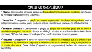 Plasma: Corresponde a porção do sangue que transporta nutrientes dissolvidos e proteínas com função
da regulação da pressão oncótica (Albumina).
Leucócitos: Correspondem a porção do sangue responsáveis pela defesa do organismos contra
patógenos invasores, ou seja, são as células do sistema imune também chamadas de glóbulos brancos.
Eritrócitos (hemácias): Correspondem a porção do sangue que transporta gases afim de nutrir o
metabolismo energético das células, durante a fosforilação oxidativa, e recolhimento do metabólito desse
processo o CO2 que é devolvido e trocado por 02 no pulmão através da hematose gasosa.
Plaquetas: Correspondem a porção do sangue que participa da hemostasia que é o processo que
compreende o equilíbrio entre a coagulação e fibrinólise com o intuito de deixar o sangue sempre fluido e
no interior dos vasos. Essas células (Fragmentos de megacariócitos) também são chamadas de
trombócitos.
CÉLULAS SANGUÍNEAS
 