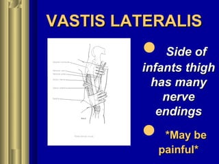 VASTIS LATERALISVASTIS LATERALIS
 Side ofSide of
infants thighinfants thigh
has manyhas many
nervenerve
endingsendings
 *May be*May be
painful*painful*
 