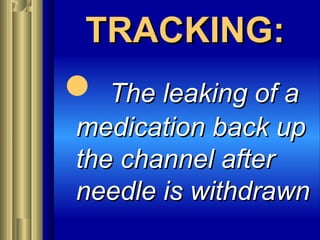 TRACKING:TRACKING:
 The leaking of aThe leaking of a
medication back upmedication back up
the channel afterthe channel after
needle is withdrawnneedle is withdrawn
 