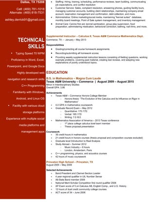 Dallas, TX 75208
Cell: (469) 781-1018
Alternate: (469) 818-7531
ashley.derrick91@gmail.com
TECHNICAL
SKILLS
• Typing Speed 70 WPM
• Proficiency in Word, Excel,
Powerpoint, and Google Docs
• Highly developed web
navigation and research skills
• C++ Programming
• Familiarity with Windows,
Android, and Linux OS
• Facility with various cloud
storage platforms
• Experience with multiple social
media platforms and
management apps
 Staffing: Hiring, training, scheduling, performance reviews, team building, communicating
job expectations, and conflict resolution
 Customer Service: Sales, complaint resolution, answering phones, guiding facility tours,
managing customer accounts, building client relationships, maintaining company email
account, reservation management and confirmation, debt collection, and more.
 Administrative: Online marketing/social media, maintaining "kennel suites" database,
monthly board meetings, Point of Sale system management, and inventory management
 Animal Care: Canine first aid, kennel sanitization, group play supervision, food
preparation, administering medication, behavioral correction, bathing, nail trims, and more.
Supplemental Instructor – Calculus II, Texas A&M Commerce Mathematics Dept.
Commerce, TX — January – May 2013
Responsibilities
 Grading/correcting all course homework assignments
 Recording/submitting all homework scores
 Providing weekly supplemental instruction lessons consisting of fielding questions, working
example problems, covering past material, creating test reviews, and adapting new
explanations of poorly understood topics.
EDUCATION
B.S. in Mathematics – Magna Cum Laude
Texas A&M University – Commerce | August 2009 – August 2015
Minor in Interdisciplinary Studies
Overall GPA: 3.86
Achievements
 Texas A&M – Commerce Honors College Member
o Honors thesis: “The Evolution of the Calculus and its Influence on Rigor in
Mathematics”
 4.0 GPA in mathematics coursework
 Graduate Record Exam – May 2012
o Quantitative: 170 /170
o Verbal: 165 /170
o Writing: 7.0 /8.0
 Mathematics Association of America – 2013 Texas conference
o 1st
place college calculus bowl team member
o Thesis proposal presentation
Coursework
 39 credit hours in mathematics
 21 credit hours in honors courses (thesis proposal and composition courses excluded)
 Graduate level Introduction to Real Analysis
 Study Abroad – Summer 2012
o Music Industry – 6 hours
o London, Amsterdam, Paris
 C++ programming, physics, and acoustics courses
 42 hours of music coursework
Princeton High School – Princeton, TX
August 2005 – May 2009
Selected Achievements
 Band President and Clarinet Section Leader
 4 year regional qualifier in UIL Number Sense
 All-State Band member 2009
 National Merit Scholar Competition first round qualifier 2008
 AP Exam score of 5 on Calculus AB, English Comp., and U.S. History
 12 hours of dual credit community college courses
 ACT score of 34 – June 2008
 
