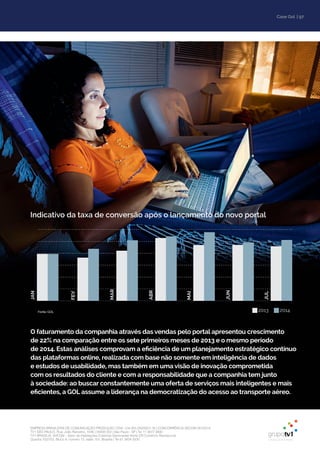 | 97Case Gol
EMPRESA BRASILEIRA DE COMUNICAÇÃO PRODUÇÃO LTDA. | 04.405.242/0001-16 | CONCORRÊNCIA SECOM 001/2014
TV1 SÃO PAULO, Rua: João Ramalho, 1046 | 05008 002 | São Paulo - SP | Tel 11 3677 0800
TV1 BRASÍLIA, SHCGN – Setor de Habitações Coletivas Geminadas Norte CR Comércio Residencial
Quadra 702/703, Bloco A, número 13, salão 101, Brasília | Tel 61 3424 3500
JAN
FEV
MAR
ABR
MAI
JUN
JUL
2013 2014
Indicativo da taxa de conversão após o lançamento do novo portal
Fonte: GOL
O faturamento da companhia através das vendas pelo portal apresentou crescimento
de 22% na comparação entre os sete primeiros meses de 2013 e o mesmo período
de 2014. Estas análises comprovam a eficiência de um planejamento estratégico contínuo
das plataformas online, realizada com base não somente em inteligência de dados
e estudos de usabilidade, mas também em uma visão de inovação comprometida
com os resultados do cliente e com a responsabilidade que a companhia tem junto
à sociedade: ao buscar constantemente uma oferta de serviços mais inteligentes e mais
eficientes, a GOL assume a liderança na democratização do acesso ao transporte aéreo.
 