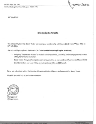 Nancy Yadav - Internship Certificate-Power2SME