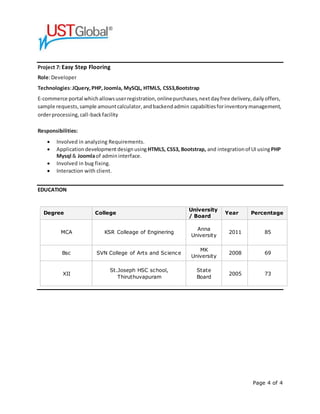 Page 4 of 4
Project 7: Easy Step Flooring
Role:Developer
Technologies:JQuery,PHP,Joomla, MySQL, HTML5, CSS3,Bootstrap
E-commerce portal whichallowsuserregistration,onlinepurchases,nextdayfree delivery,dailyoffers,
sample requests,sample amountcalculator,andbackendadmin capabiltiesforinventorymanagement,
orderprocessing,call-backfacility
Responsibilities:
 Involved in analyzing Requirements.
 Applicationdevelopment designusingHTML5, CSS3, Bootstrap, and integrationof UI usingPHP
Mysql & Joomlaof admin interface.
 Involved in bug fixing.
 Interaction with client.
EDUCATION
Degree College
University
/ Board
Year Percentage
MCA KSR Colleage of Enginering
Anna
University
2011 85
Bsc SVN College of Arts and Science
MK
University
2008 69
XII
St.Joseph HSC school,
Thiruthuvapuram
State
Board
2005 73
 