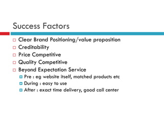 Success Factors
Clear Brand Positioning/value proposition
Creditability
Price Competitive
Quality Competitive
Beyond Expectation Service
Pre : eg website itself, matched products etc
During : easy to use
After : exact time delivery, good call center

 