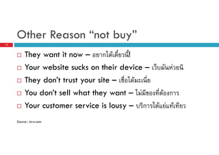 Other Reason “not buy”
116

They want it now – ก F
!
Your website sucks on their device –
They don’t trust your site –
F
You don’t sell what they want – F
Your customer service is lousy – ก
Source : brw.com

F
F ก
F F F

 