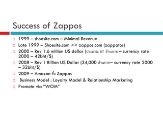 Success of Zappos
1999 – shoesite.com – Minimal Revenue
Late 1999 – Shoesite.com >> zappos.com (zappatos)
2000 – Rev 1.6 million US dollar (
67 F
– currency rate
2000 – 42bht/$)
2008 – Rev 1 Billion US Dollar (34,000 F
– currency rate 2000
– 32bht/$)
2009 – Amazon Zappos
Business Model : Loyalty Model & Relationship Marketing
Promote via “WOM”

 