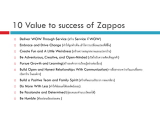 10 Value to success of Zappos
Deliver WOW Through Service ( F Service WOW)
F ก F

Embrace and Drive Change (

F ก

Create Fun and A Little Weirdness ( F

)

ก

ก F )

Be Adventurous, Creative, and Open-Minded ( ʽ
Pursue Growth and Learning( F

Fก ก

F F

ก F)
F

)
F ก

Build Open and Honest Relationships With Communication(ก
ʽ กF
Fก )
Build a Positive Team and Family Spirit ( F
F F

Do More With Less (

F F

Be Passionate and Determined ( F
Be Humble ( F

F

F

F

)

F

กก

)
)
F

ก

)

 