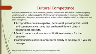 Cultural Competence
Cultural Competence is a set of behaviors, policies, and attitudes which form a system or agency
which...