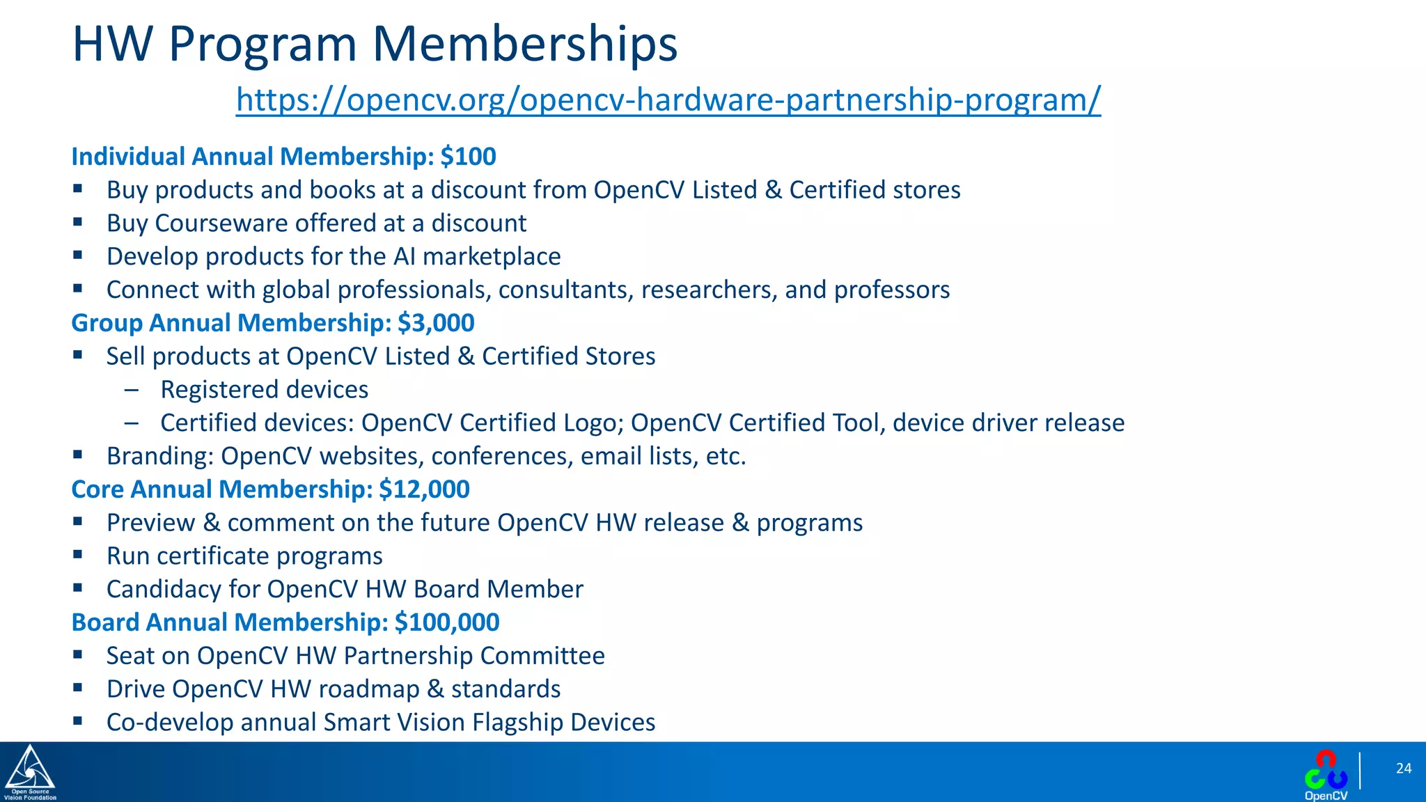 24
HW Program Memberships
Individual Annual Membership: $100
▪ Buy products and books at a discount from OpenCV Listed & Certified stores
▪ Buy Courseware offered at a discount
▪ Develop products for the AI marketplace
▪ Connect with global professionals, consultants, researchers, and professors
Group Annual Membership: $3,000
▪ Sell products at OpenCV Listed & Certified Stores
– Registered devices
– Certified devices: OpenCV Certified Logo; OpenCV Certified Tool, device driver release
▪ Branding: OpenCV websites, conferences, email lists, etc.
Core Annual Membership: $12,000
▪ Preview & comment on the future OpenCV HW release & programs
▪ Run certificate programs
▪ Candidacy for OpenCV HW Board Member
Board Annual Membership: $100,000
▪ Seat on OpenCV HW Partnership Committee
▪ Drive OpenCV HW roadmap & standards
▪ Co-develop annual Smart Vision Flagship Devices
https://opencv.org/opencv-hardware-partnership-program/
 