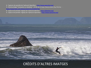 CRÈDITS D’ALTRES IMATGES
4.- Captures de pantalla de l’aplicació OpenShot - http://www.openshot.org/
5.- Fotomuntatge “Computers on desktop” - CC BY-SA 2.0 Jean-Etienne Minh-Duy Poirrier -
https://www.flickr.com/photos/jepoirrier/819859740/
8.- Captura de pantalla i logotip de l’aplicació Kdenlive - https://kdenlive.org/
9.- Captura de pantalla i logotip de l’aplicació OpenShot - http://www.openshot.org/
 