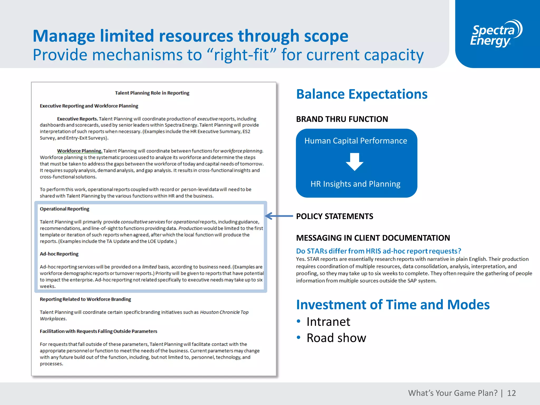 Talent Scorecards
Move to blend and drilldown capability
Future State – Phase 2: Visualizations Using General Data Science Software
Tableau SAPLumira
Others:
Tibco Spotfire
CliqView/CliqSense
Pentaho
Future State – Phase 3: Visualizations Using Integrated Talent Management Software
What’s Your Game Plan? | 12
 