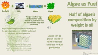 Sources
Newman, Stefani. "How Algae Biodiesel Works."
HowStuffWorks. HowStuffWorks.com, 18 June 2008
Web. 04 Dec. 2015.
 