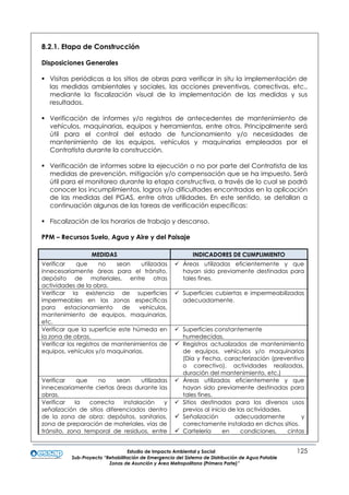 Estudio de Impacto Ambiental y Social 125
Sub-Proyecto “Rehabilitación de Emergencia del Sistema de Distribución de Agua Potable
Zonas de Asunción y Área Metropolitana (Primera Parte)”
8.2.1. Etapa de Construcción
Disposiciones Generales
 Visitas periódicas a los sitios de obras para verificar in situ la implementación de
las medidas ambientales y sociales, las acciones preventivas, correctivas, etc.,
mediante la fiscalización visual de la implementación de las medidas y sus
resultados.
 Verificación de informes y/o registros de antecedentes de mantenimiento de
vehículos, maquinarias, equipos y herramientas, entre otros. Principalmente será
útil para el control del estado de funcionamiento y/o necesidades de
mantenimiento de los equipos, vehículos y maquinarias empleadas por el
Contratista durante la construcción.
 Verificación de informes sobre la ejecución o no por parte del Contratista de las
medidas de prevención, mitigación y/o compensación que se ha impuesto. Será
útil para el monitoreo durante la etapa constructiva, a través de lo cual se podrá
conocer los incumplimientos, logros y/o dificultades encontradas en la aplicación
de las medidas del PGAS, entre otras utilidades. En este sentido, se detallan a
continuación algunas de las tareas de verificación específicas:
 Fiscalización de los horarios de trabajo y descanso.
PPM – Recursos Suelo, Agua y Aire y del Paisaje
MEDIDAS INDICADORES DE CUMPLIMIENTO
Verificar que no sean utilizadas
innecesariamente áreas para el tránsito,
depósito de materiales, entre otras
actividades de la obra.
 Áreas utilizadas eficientemente y que
hayan sido previamente destinadas para
tales fines.
Verificar la existencia de superficies
impermeables en las zonas específicas
para estacionamiento de vehículos,
mantenimiento de equipos, maquinarias,
etc.
 Superficies cubiertas e impermeabilizadas
adecuadamente.
Verificar que la superficie este húmeda en
la zona de obras.
 Superficies constantemente
humedecidas.
Verificar los registros de mantenimientos de
equipos, vehículos y/o maquinarias.
 Registros actualizados de mantenimiento
de equipos, vehículos y/o maquinarias
(Día y Fecha, caracterización (preventivo
o correctivo), actividades realizadas,
duración del mantenimiento, etc.)
Verificar que no sean utilizadas
innecesariamente ciertas áreas durante las
obras.
 Áreas utilizadas eficientemente y que
hayan sido previamente destinadas para
tales fines.
Verificar la correcta instalación y
señalización de sitios diferenciados dentro
de la zona de obra: depósitos, sanitarios,
zona de preparación de materiales, vías de
tránsito, zona temporal de residuos, entre
 Sitios destinados para los diversos usos
previos al inicio de las actividades.
 Señalización adecuadamente y
correctamente instalada en dichos sitios.
 Cartelería en condiciones, cintas
 