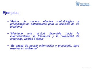 Ejemplos: “ Aplica de manera efectiva metodologías y procedimientos establecidos para la solución de un problema” “ Mantiene una actitud favorable hacia la interculturalidad, la tolerancia y la diversidad de creencias, valores e ideas”   “ Es capaz de buscar información y procesarla, para resolver un problema”   