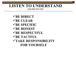 LISTEN TO UNDERSTAND ASSUMES WIN-WIN BE DIRECT BE CLEAR BE SPECIFIC BE HONEST BE RESPECTFUL BE TACTFUL TAKE RESPONSIBILITY  FOR YOURSELF 