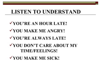 LISTEN TO UNDERSTAND YOU’RE AN HOUR LATE! YOU MAKE ME ANGRY! YOU’RE ALWAYS LATE! YOU DON’T CARE ABOUT MY   TIME/FEELINGS! YOU MAKE ME SICK! 