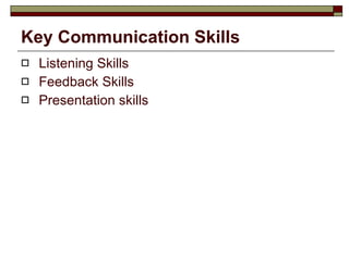 Key Communication Skills Listening Skills Feedback Skills Presentation skills 