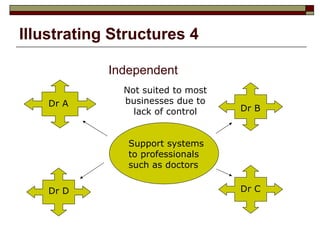 Illustrating Structures 4   Independent Dr A Dr B Dr C Dr D Support systems to professionals such as doctors Not suited to most businesses due to lack of control 