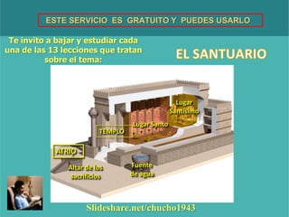 ESTE SERVICIO ES GRATUITO Y PUEDES USARLO
Te invito a bajar y estudiar cada
una de las 13 lecciones que tratan
sobre el tema:
Slideshare.net/chucho1943
Lugar
Santísimo
Lugar Santo
TEMPLO
ATRIO
Altar de los
sacrificios
Fuente
de agua
 