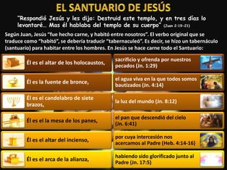 Él es el altar de los holocaustos,
Él es la fuente de bronce,
Él es el candelabro de siete
brazos,
Él es el la mesa de los panes,
Él es el altar del incienso,
Él es el arca de la alianza,
“Respondió Jesús y les dijo: Destruid este templo, y en tres días lo
levantaré… Mas él hablaba del templo de su cuerpo” (Juan 2:19-21)
Según Juan, Jesús “fue hecho carne, y habitó entre nosotros”. El verbo original que se
traduce como “habitó”, se debería traducir “tabernaculeó”. Es decir, se hizo un tabernáculo
(santuario) para habitar entre los hombres. En Jesús se hace carne todo el Santuario:
sacrificio y ofrenda por nuestros
pecados (Jn. 1:29)
el agua viva en la que todos somos
bautizados (Jn. 4:14)
la luz del mundo (Jn. 8:12)
el pan que descendió del cielo
(Jn. 6:41)
por cuya intercesión nos
acercamos al Padre (Heb. 4:14-16)
habiendo sido glorificado junto al
Padre (Jn. 17:5)
 