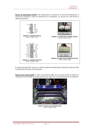 TEXTO GUÍA
INFORMÁTICA
Mg. Miguel Ángel Avalos Pérez pág. - 9 -
Ranura de alimentación AT/ATX: slot utilizado para la conexión de la fuente de alimentación, la
misma que energizará a todos los elementos de la mainboard. Las ranuras AT y ATX tienen la
siguiente estructura:
FIGURA 12. RANURA TIPO AT.
Fuente: (mtopc, 2010) FIGURA 13. CONECTOR DE PODER TIPO AT.
Fuente: (mtopc, 2010)
FIGURA 14. RANURA TIPO ATX.
Fuente: (mtopc, 2010)
FIGURA 15. CONECTOR DE PODER TIPO ATX.
Fuente: (mtopc, 2010)
El conector del tipo ATX, suele ser un conector bastante estandarizado y usado hoy en día por todos
los fabricantes de fuentes de alimentación.
Ranuras para memoria RAM: o “slot’s” para memoria RAM, son las ranuras donde se insertan los
módulos de memoria RAM, las mismas que variarán, según sean las características de la mainboard.
FIGURA 16. RANURAS PARA MEMORIAS RAM.
Fuente: (mtopc, 2010)
 
