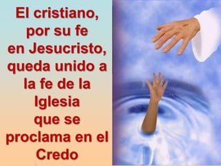 El cristiano,
por su fe
en Jesucristo,
queda unido a
la fe de la
Iglesia
que se
proclama en el
Credo
 