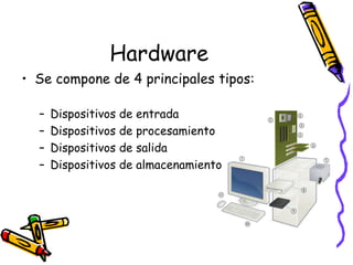 HardwareSe compone de 4 principales tipos:Dispositivos de entradaDispositivos de procesamientoDispositivos de salidaDispositivos de almacenamiento