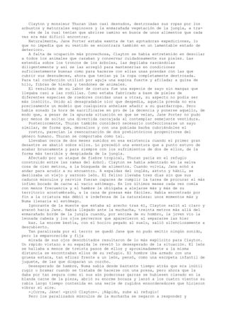 Clayton y monsieur Thuran iban casi desnudos, destrozadas sus ropas por los
arbustos y matorrales espinosos y la enmarañada vegetación de la jungla, a través de la cual tenían que abrirse camino en busca de unos alimentos que cada
vez era más dificil encontrar.
Naturalmente, Jane Porter estaba exenta de tan agotadoras expediciones, lo
que no impedía que su vestido se encontrara también en un lamentable estado de
deterioro.
A falta de ocupación más provechosa, Clayton se había entretenido en desollar
a todos los animales que cazaban y conservar cuidadosamente sus pieles. Las
extendía sobre los troncos de los árboles, las depilaba rascándolas
diligentemente y así se las arregló para mantenerlas en condiciones
suficientemente buenas como para hacerse con ellas unas prendas con las que
cubrir sus desnudeces, ahora que tenían ya la ropa completamente destrozada.
Para tal confección utilizó por aguja una espina fuerte y afilada; a guisa de
hilo, fibras de hierba y tendones de animales.
El resultado de su labor de costura fue una especie de sayo sin mangas que
llegaba casi a las rodillas. Como estaba fabricado a base de pieles de
diferentes especies de roedores cosidas unas a otras, su aspecto no podía ser
más insólito. Unido al desagradable olor que despedía, aquella prenda no era
precisamente un modelo que cualquiera anhelase añadir a su guardarropa. Pero
había sonado la hora de sacrificarse en pro de la decencia y ponerse aquello, de
modo que, a pesar de la apurada situación en que se veían, Jane Porter no pudo
por menos de soltar una divertida carcajada al contemplar semejante vestidura.
Posteriormente, Thuran también consideró necesario confeccionarse un sayo
similar, de forma que, descalzos y con una poblada barba cubriéndoles el
rostro, parecían la reencarnación de dos prehistóricos progenitores del
género humano. Thuran se comportaba como tal.
Llevaban cerca de dos meses sumidos en esa existencia cuando el primer gran
desastre se abatió sobre ellos. Lo precedió una aventura que a punto estuvo de
acabar bruscamente y para siempre con los sufrimientos de dos de ellos, de la
forma más terrible y despiadada de la jungla.
Afectado por un ataque de fiebre tropical, Thuran yacía en el refugio
construido entre las ramas del árbol. Clayton se había adentrado en la selva
cosa de cien metros, a la búsqueda de alimentos. Cuando volvía, Jane echó a
andar para acudir a su encuentro. A espaldas del inglés, astuto y hábil, se
deslizaba un viejo y sarnoso león. El felino llevaba tres días sin que sus
caducos músculos y nervios fueran capaces de cumplir la tarea de procurar el más
ínfimo bocado de carne al vacío estómago. En los últimos meses cada vez comía
con menos frecuencia y el hambre le obligaba a alejarse más y más de su
territorio acostumbrado, a la caza de presas más fáciles. Había encontrado por
fin a la criatura más débil e indefensa de la naturaleza: unos momentos más y
Numa llenaría el estómago.
Ignorante de la muerte que estaba al acecho tras él, Clayton salió al claro y
avanzó hacia Jane. Había llegado ante la muchacha, treinta metros más allá del
enmarañado borde de la jungla cuando, por encima de su hombro, la joven vio la
leonada cabeza y los ojos perversos que aparecieron al separarse las hier
bas. La enorme bestia, con el hocico pegado al suelo, salió silenciosamente a
descubierto.
Tan paralizada por el terror se quedó Jane que no pudo emitir ningún sonido,
pero la empavorecida y fija
mirada de sus ojos desorbitados resultaron de lo más explícito para Clayton.
Un rápido vistazo a su espalda le reveló lo desesperado de la situación. El león
se hallaba a menos de treinta pasos de ellos y aproximadamente a la misma
distancia se encontraban ellos de su refugio. El hombre iba armado con una
gruesa estaca, tan eficaz frente a un león, pensó, como una escopeta infantil de
juguete, de las que disparan un corcho.
Desesperado de hambre, Numa sabía desde bastante tiempo atrás que era inútil
rugir o bramar cuando se trataba de hacerse con una presa, pero ahora que la
daba por tan segura como si sus aún poderosas garras se hubiesen clavado en la
blanda carne de la pieza, abrió su enorme bocaza y lanzó a los cuatro vientos su
rabia largo tiempo contenida en una serie de rugidos ensordecedores que hicieron
vibrar el aire.
-¡Corre, Jane! -gritó Clayton-. ¡Rápido, sube al refugio!
Pero los paralizados músculos de la muchacha se negaron a responder y

 