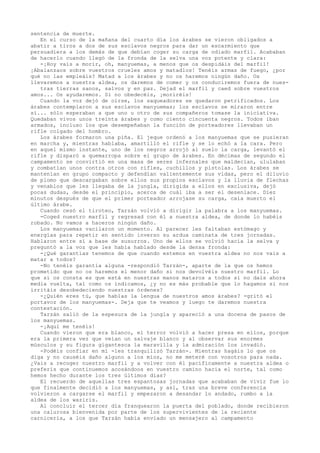 sentencia de muerte.
En el curso de la mañana del cuarto día los árabes se vieron obligados a
abatir a tiros a dos de sus esclavos negros para dar un escarmiento que
persuadiera a los demás de que debían coger su carga de odiado marfil. Acababan
de hacerlo cuando llegó de la fronda de la selva una voz potente y clara:
-¡Hoy vais a morir, oh, manyuemas, a menos que os despidáis del marfil!
¡Abalanzaos sobre vuestros crueles amos y matadlos! Tenéis armas de fuego, ¿por
qué no las empleáis? Matad a los árabes y no os haremos ningún daño. Os
llevaremos a nuestra aldea, os daremos de comer y os conduciremos fuera de nuestras tierras sanos, salvos y en paz. Dejad el marfil y caed sobre vuestros
amos... Os ayudaremos. Si no obedecéis, ¡moriréis!
Cuando la voz dejó de oírse, los saqueadores se quedaron petrificados. Los
árabes contemplaron a sus esclavos manyuemas; los esclavos se miraron entre
sí... sólo esperaban a que uno u otro de sus compañeros tomase la iniciativa.
Quedaban vivos unos treinta árabes y como ciento cincuenta negros. Todos iban
armados, incluso los que desempeñaban la función de porteadores llevaban un
rifle colgado del hombro.
Los árabes formaron una piña. El jeque ordenó a los manyuemas que se pusieran
en marcha y, mientras hablaba, amartilló el rifle y se lo echó a la cara. Pero
en aquel mismo instante, uno de los negros arrojó al suelo la carga, levantó el
rifle y disparó a quemarropa sobre el grupo de árabes. En décimas de segundo el
campamento se convirtió en una masa de seres infernales que maldecían, ululaban
y combatían unos contra otros con rifles, cuchillos y pistolas. Los árabes se
mantenían en grupo compacto y defendían valientemente sus vidas, pero el diluvio
de plomo que descargaban sobre ellos sus propios esclavos y la lluvia de flechas
y venablos que les llegaba de la jungla, dirigida a ellos en exclusiva, dejó
pocas dudas, desde el principio, acerca de cuál iba a ser el desenlace. Diez
minutos después de que el primer porteador arrojase su carga, caía muerto el
último árabe.
Cuando cesó el tiroteo, Tarzán volvió a dirigir la palabra a los manyuemas.
-Coged nuestro marfil y regresad con él a nuestra aldea, de donde lo habéis
robado. No vamos a haceros ningún daño.
Los manyuemas vacilaron un momento. Al parecer les faltaban estómago y
energías para repetir en sentido inverso su ardua caminata de tres jornadas.
Hablaron entre sí a base de susurros. Uno de ellos se volvió hacia la selva y
preguntó a la voz que les había hablado desde la densa fronda:
-¿Qué garantías tenemos de que cuando estemos en vuestra aldea no nos vais a
matar a todos?
-No tenéis garantía alguna -respondió Tarzán-, aparte de la que os hemos
prometido que no os haremos el menor daño si nos devolvéis nuestro marfil. Lo
que sí os consta es que está en nuestras manos mataros a todos si no dais ahora
media vuelta, tal como os indicamos, ¿y no es más probable que lo hagamos si nos
irritáis desobedeciendo nuestras órdenes?
-¿Quién eres tú, que hablas la lengua de nuestros amos árabes? -gritó el
portavoz de los manyuemas-. Deja que te veamos y luego te daremos nuestra
contestación.
Tarzán salió de la espesura de la jungla y apareció a una docena de pasos de
los manyuemas.
-¡Aquí me tenéis!
Cuando vieron que era blanco, el terror volvió a hacer presa en ellos, porque
era la primera vez que veían un salvaje blanco y al observar sus enormes
músculos y su figura gigantesca la maravilla y la admiración los invadió.
-Podéis confiar en mí -les tranquilizó Tarzán-. Mientras hagáis lo que os
diga y no causéis daño alguno a los míos, no me meteré con vosotros para nada.
¿Vais a recoger nuestro marfil y a volver con él pacíficamente a nuestra aldea o
preferís que continuemos acosándoos en vuestro camino hacia el norte, tal como
hemos hecho durante los tres últimos días?
El recuerdo de aquellas tres espantosas jornadas que acababan de vivir fue lo
que finalmente decidió a los manyuemas, y así, tras una breve conferencia
volvieron a cargarse el marfil y empezaron a desandar lo andado, rumbo a la
aldea de los waziris.
Al concluir el tercer día franquearon la puerta del poblado, donde recibieron
una calurosa bienvenida por parte de los supervivientes de la reciente
carnicería, a los que Tarzán había enviado un mensajero al campamento

 