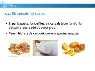 4.2. Els cereals i el sucre. 
● El pa, la pasta, les creïlles, els cereals (com l'arròs i la 
dacsa) i el sucre són d'aquest grup. 
● Tenen hidrats de carboni, que ens aporten energia. 
 