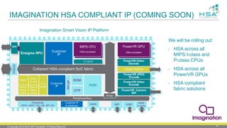© Copyright 2012-2016 HSA Foundation. All Rights Reserved. 41
IMAGINATION HSA COMPLIANT IP (COMING SOON)
We will be rolling out:
• HSA across all
MIPS I-class and
P-class CPUs
• HSA across all
PowerVR GPUs
• HSA compliant
fabric solutions
Coherent HSA-compliant SoC fabric
PowerVR Video
Encode
PowerVR Camera
ISP
PowerVR Video
Decode
ROM
Peripheral Bus
DDR3/4
Bridge
RAM
PowerVR GX7200
Series6XT
2 cluster
PowerVR GPU
HSA-compliant
eFuse
DMAC
Clock &
Reset
Control
JTAG
& Test
PSU &
Power
Control
TE &
Crypto
L2 cache
PowerVR
GX7200
Series6XT
2 cluster
MIPS CPU
HSA-compliant
Display Pipeline
PowerVR JPEG
Encode
OTP
Ensigma RPU
AFE
Customer
IP
HDMI
Tx & Rx
USB3MIPINAND
Peripherals
GPIO; UART; I2C; I2S; SPI; SD
Customer
IP
Customer IP
& interfaces
Imagination Smart Vision IP Platform
 