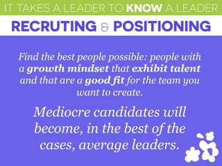 IT TAKES A LEADER TO KNOW A LEADER
RECRUTING & POSITIONING
Find the best people possible: people with
a growth mindset that exhibit talent
and that are a good fit for the team you
want to create.
Mediocre candidates will
become, in the best of the
cases, average leaders.
 